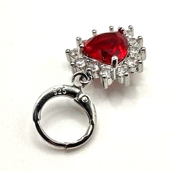 925 Sterling Silver Heart Earrings w/ Synthetic Ruby & Diamonds Valentines Gift - Picture 2 of 6